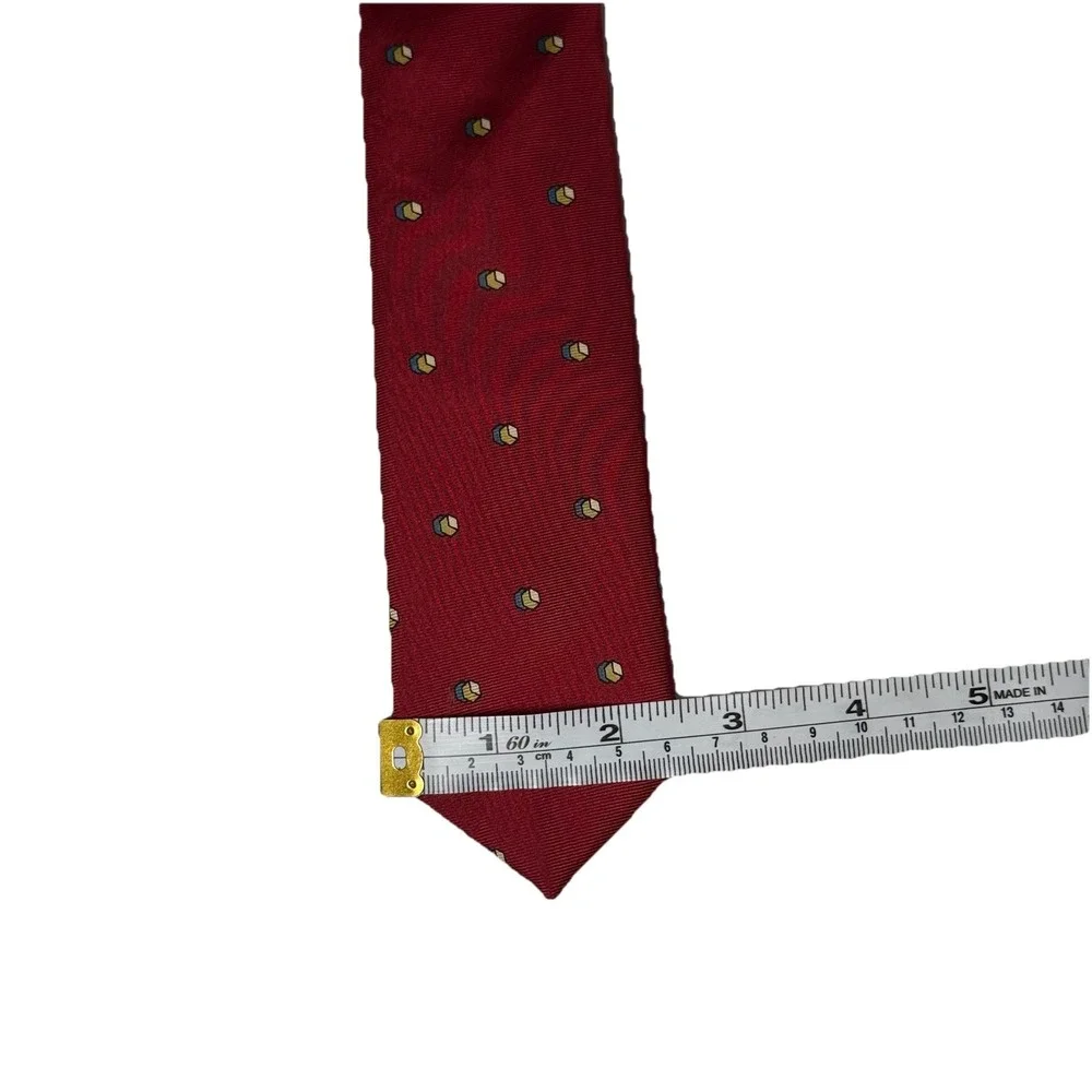 100% Silk Vintage red ribbed necktie gold blue and yellow geometric cube pattern